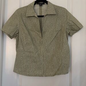 Rafael Sport Floral Collared Short Sleeve Zipper Blouse Green White Size M